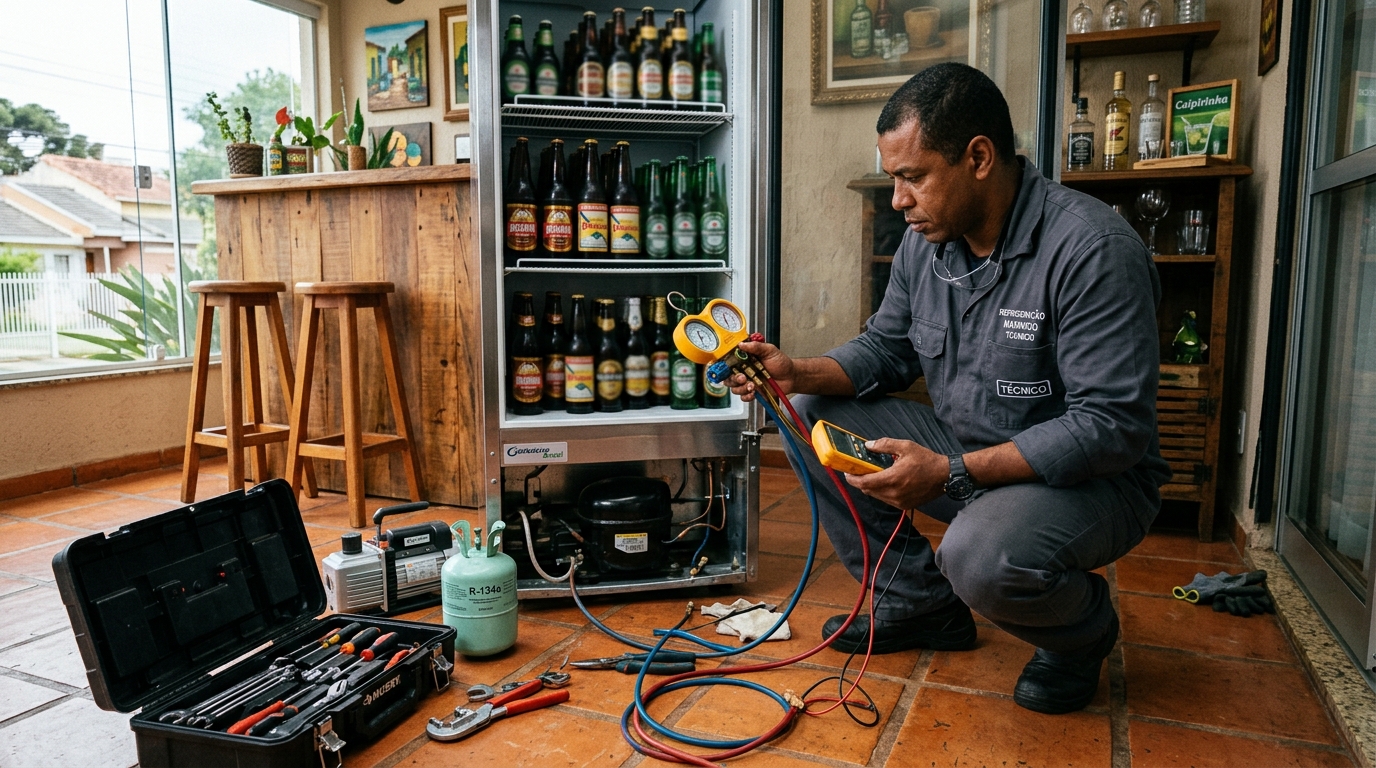 Profissional executando reparo no motor de cervejeira em Cascavel‑PR