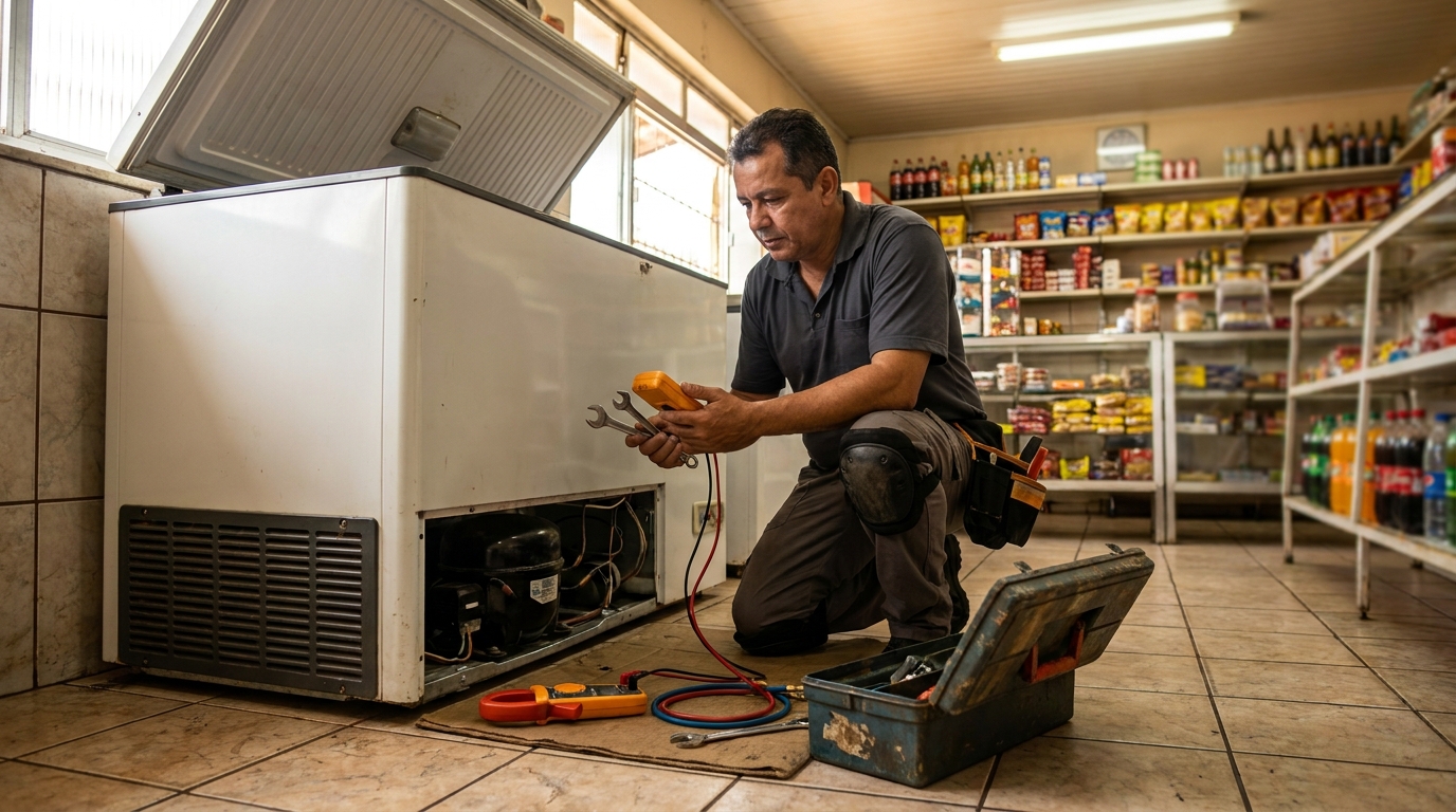 Profissional executando manutenção no motor de freezer em Cascavel‑PR